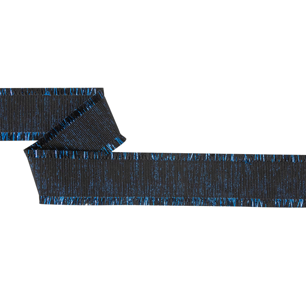 Italian Black and Magnetic Blue Metallic Grosgrain Ribbon with Fringe - 1.4375