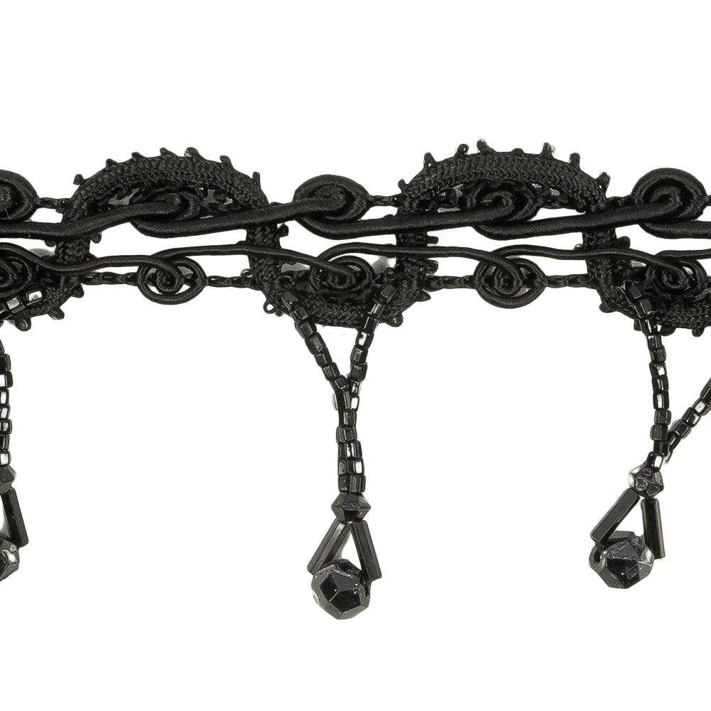 Vintage Black Beaded Fringe on Black Decorative Braid-1.875