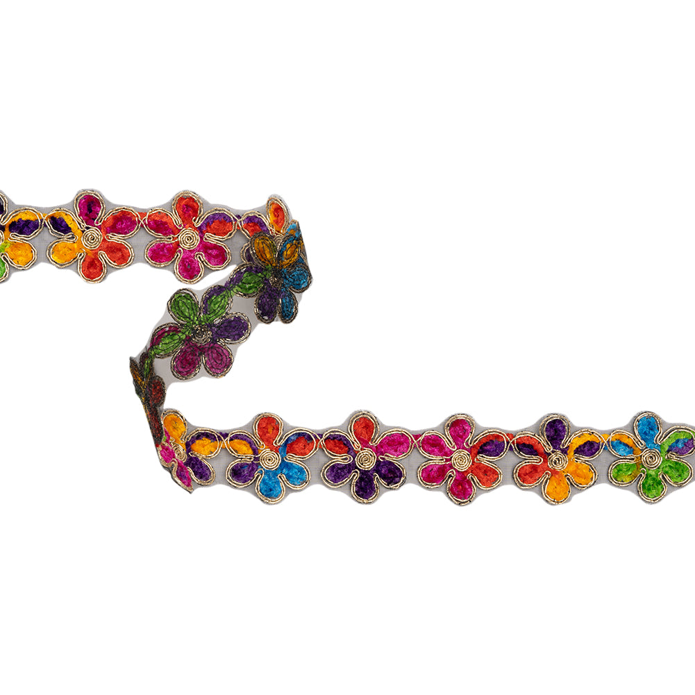 Yaya Han Chenille Embroidered Trim - Metallic Gold and Multicolor Flowers, 1.5