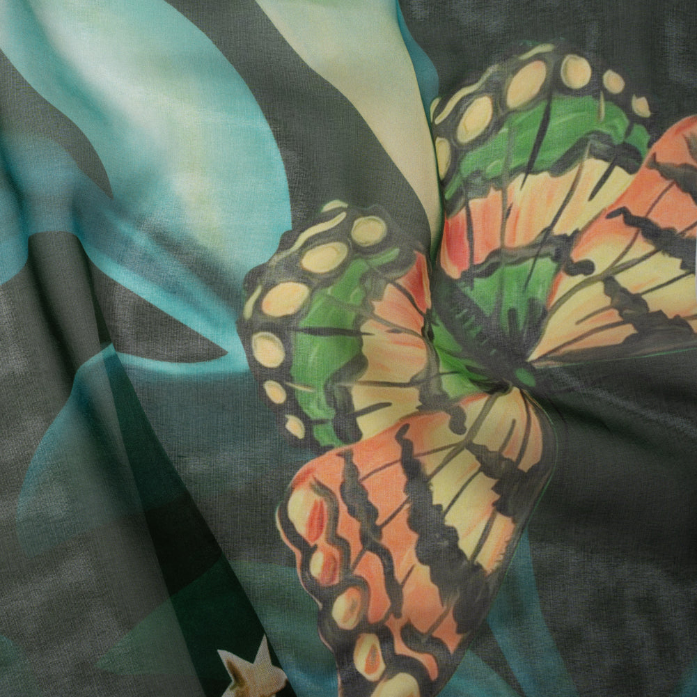 Silk Voile Print - Deep Sea Green, Blue and Yellow Broken Floral with Bees and Butterflies - Deadstock - Joann Fabrics
