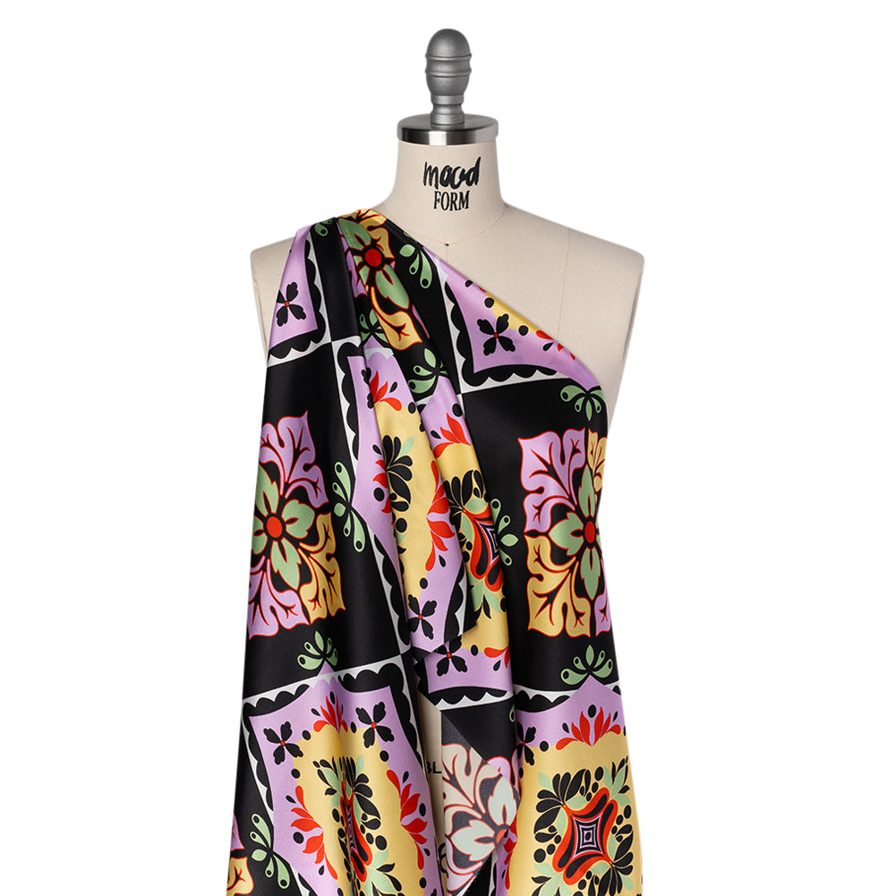 Silk Charmeuse Print 16MM, Made in Italy - Black, Lavender and Pale Yellow Fancy Floral Tiles - Joann Fabrics