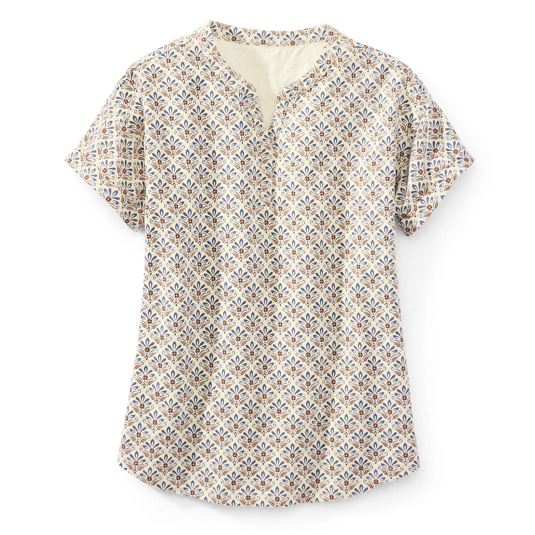 Printed Split Neck Cap Sleeve Henley - Northstyle Catalog