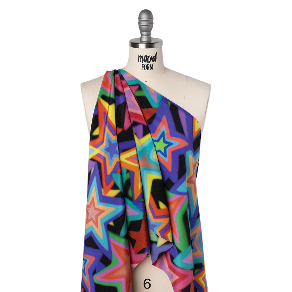 Crinkled Silk Crepe de Chine Print Made in Italy - Rainbow on Black Stars - Deadstock - Joann Fabrics