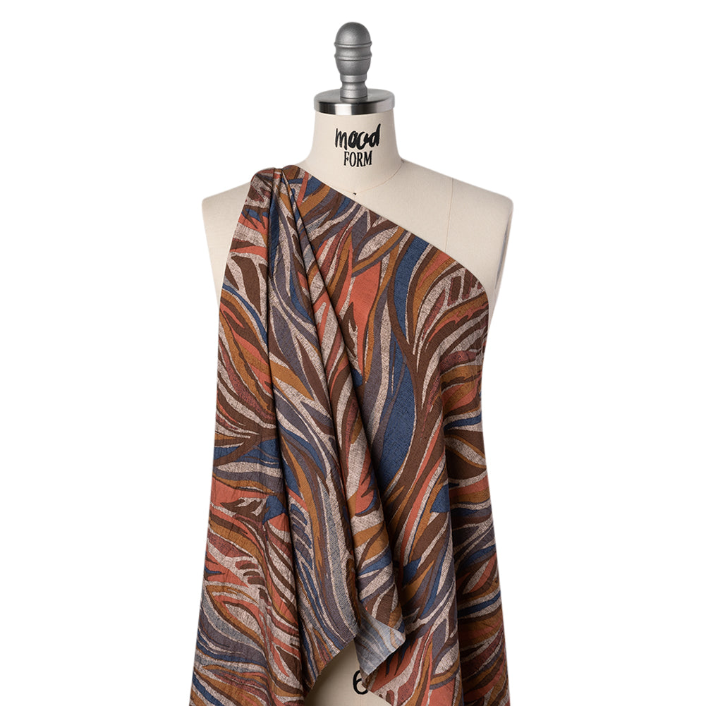 Lightweight Crinkled Rayon and Nylon Woven Print -Terracotta, Brown and Muted Blue Leafy Lines and Texture - Designer Deadstock - Joann Fabrics