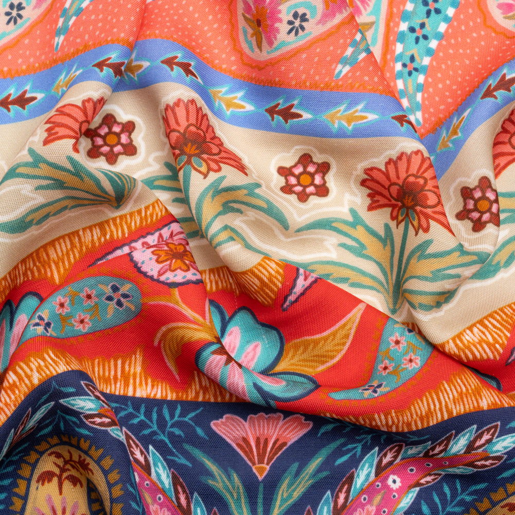 Viscose and Linen Twill Print - Blue and Orange Paisley and Floral Stripes - Mood Exclusive Botanical Bliss - Joann Fabrics