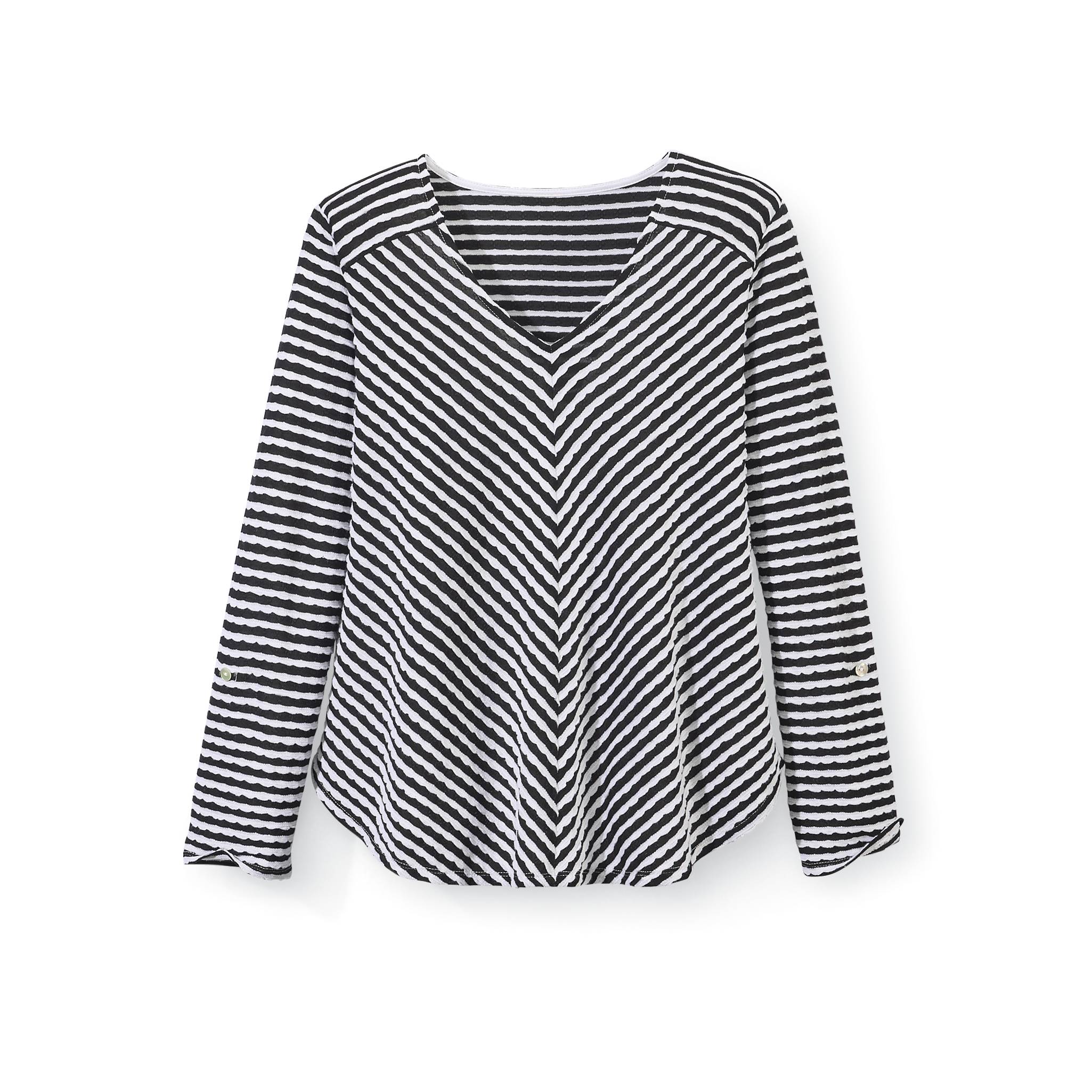 V Neck Scalloped Stripe Knit Top - Northstyle Catalog