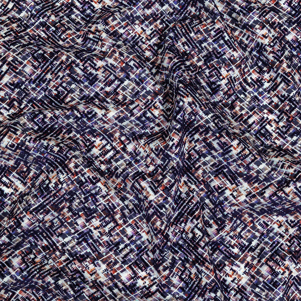 Evening Blue Geometric Flocking on Crushed Berry, Steel and White Abstract Printed Cotton Shirting - Joann Fabrics