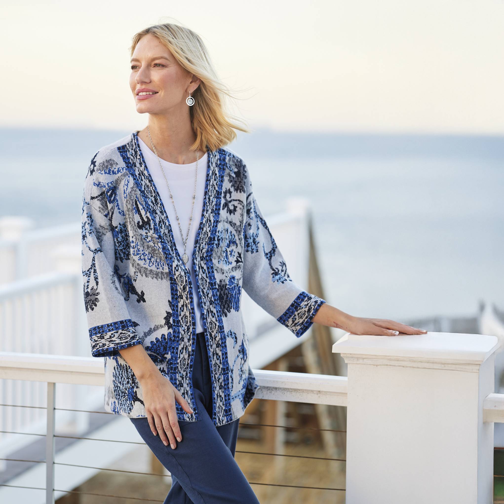 Jacquard Scroll Cardigan, Silky Hand, Open Front, 3/4 Sleeves - Northstyle Catalog
