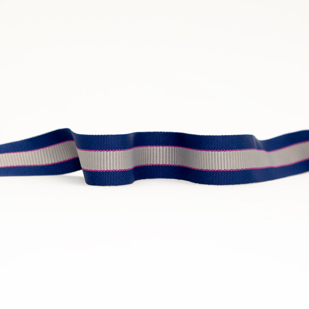 Italian Royal Blue, Silver and Pink Striped Grosgrain Ribbon - 1.25