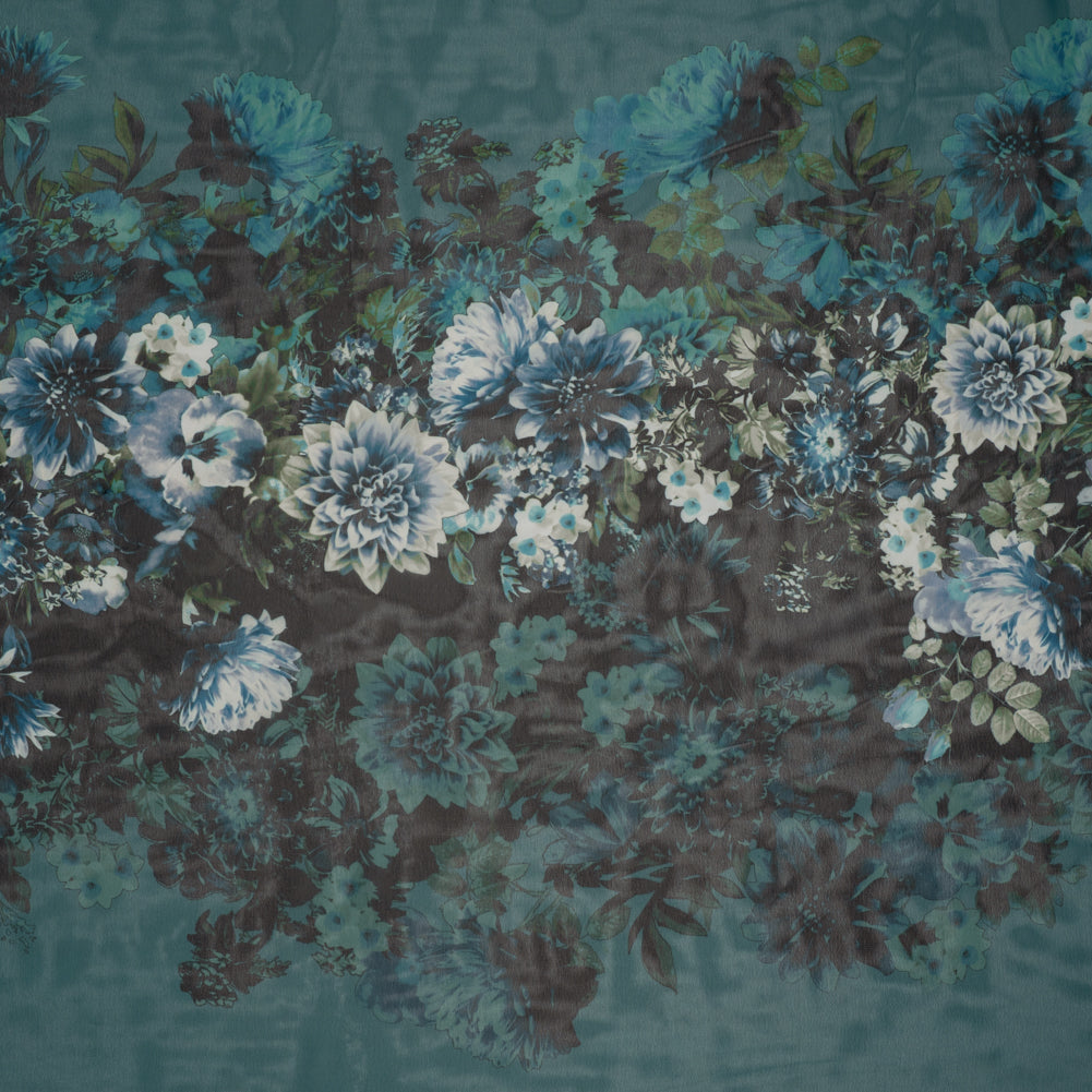 Polyester Chiffon Panel - Dark Green, Blue and White Floral - Designer Deadstock - Joann Fabrics