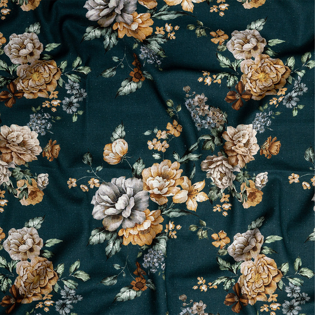 Linen and Rayon Woven - Teal and Orange Floral - Peony Prowess Print - Mood Exclusive Tumunyana Collection - Joann Fabrics