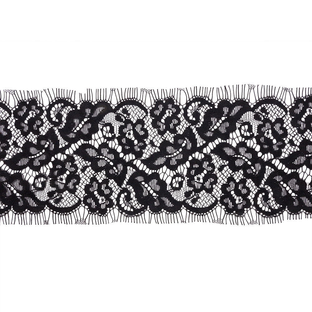 Black Floral Scrolls Lace Trim with Eyelash Fringe Edges - 3.5