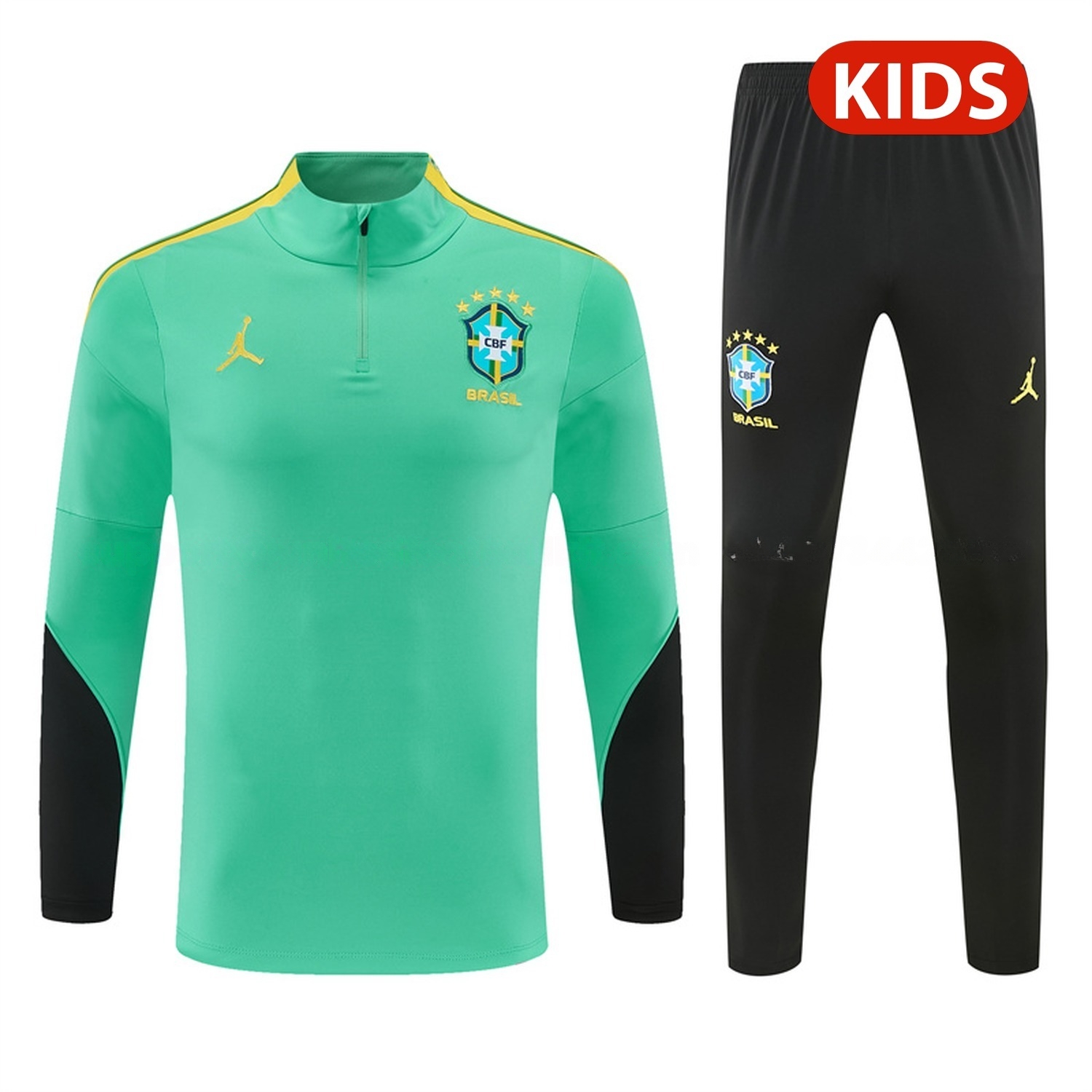 Brazil 2026 Kids Long Sleeve Training Set - Light Green Top & Black Pants - UnitedFutballJersey