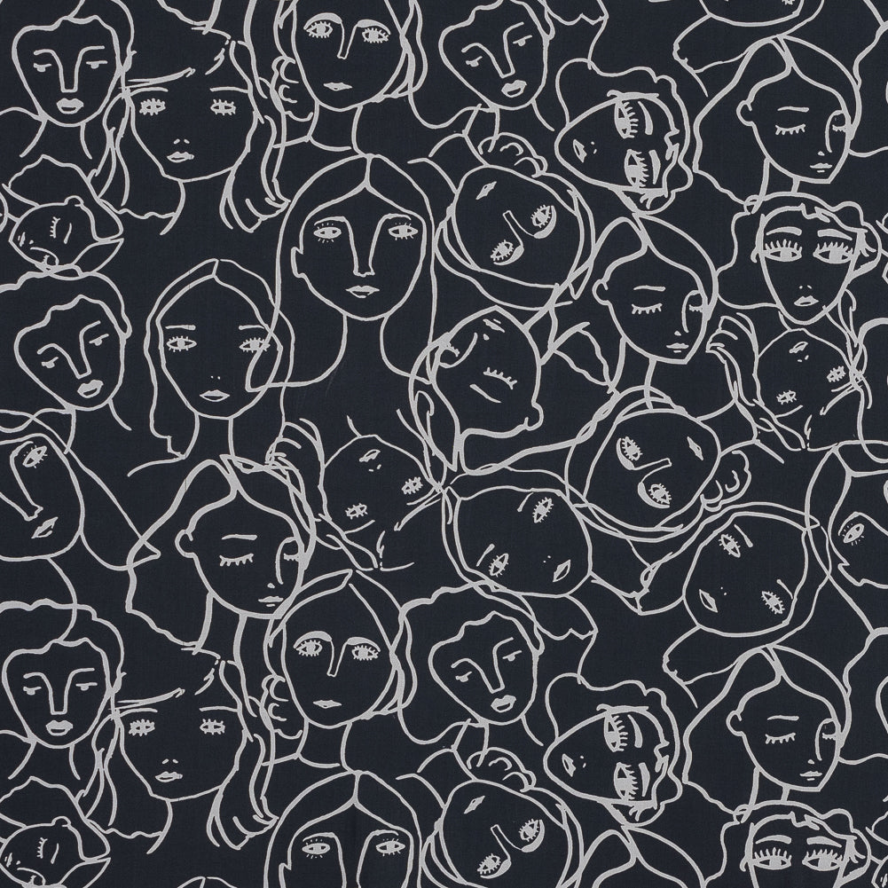 Cotton Poplin - Charcoal Linework Faces - Un dia en Andorra Print - Mood Exclusive Felipe Collection - Joann Fabrics