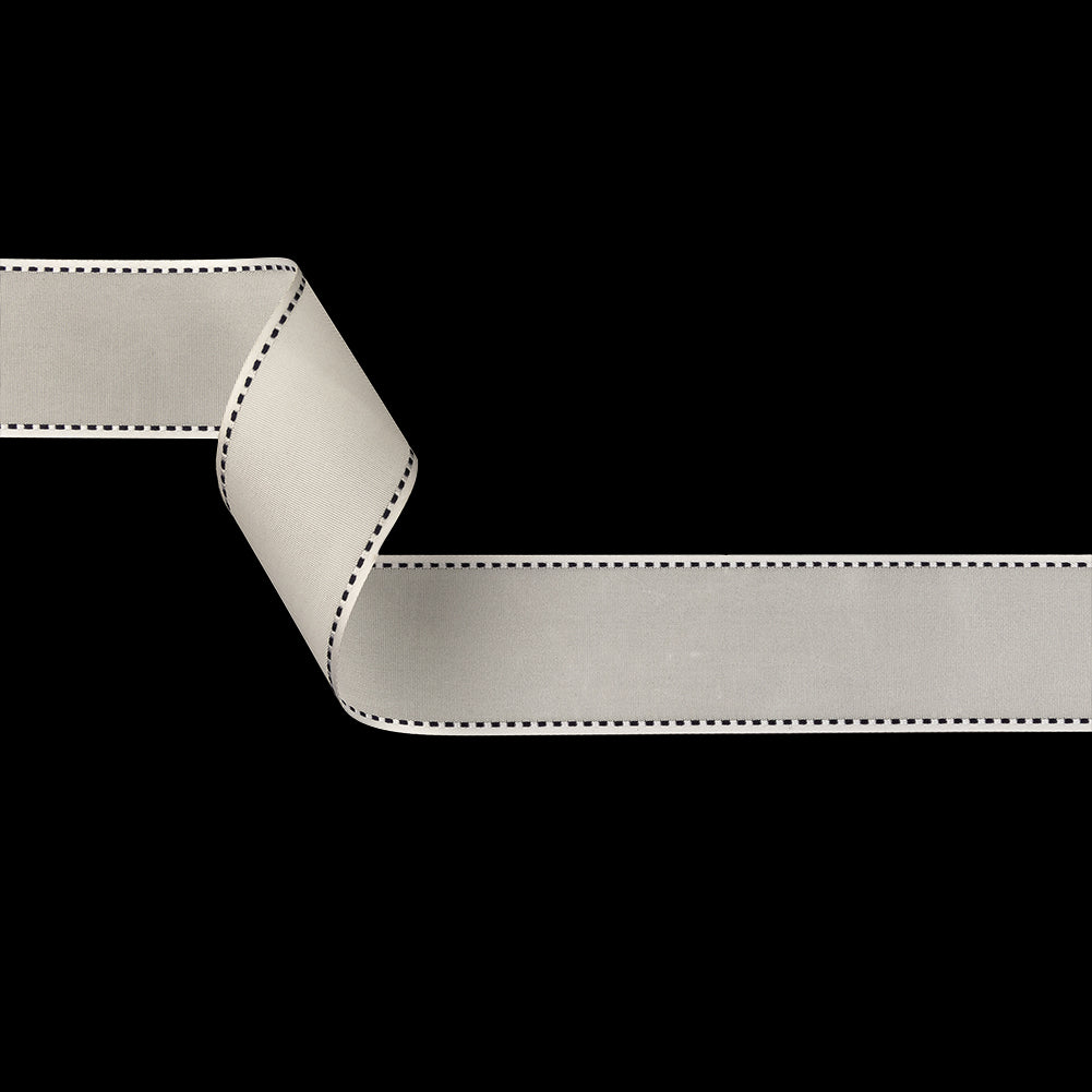 White Woven Ribbon with Black and White Stitched Border - 1.375