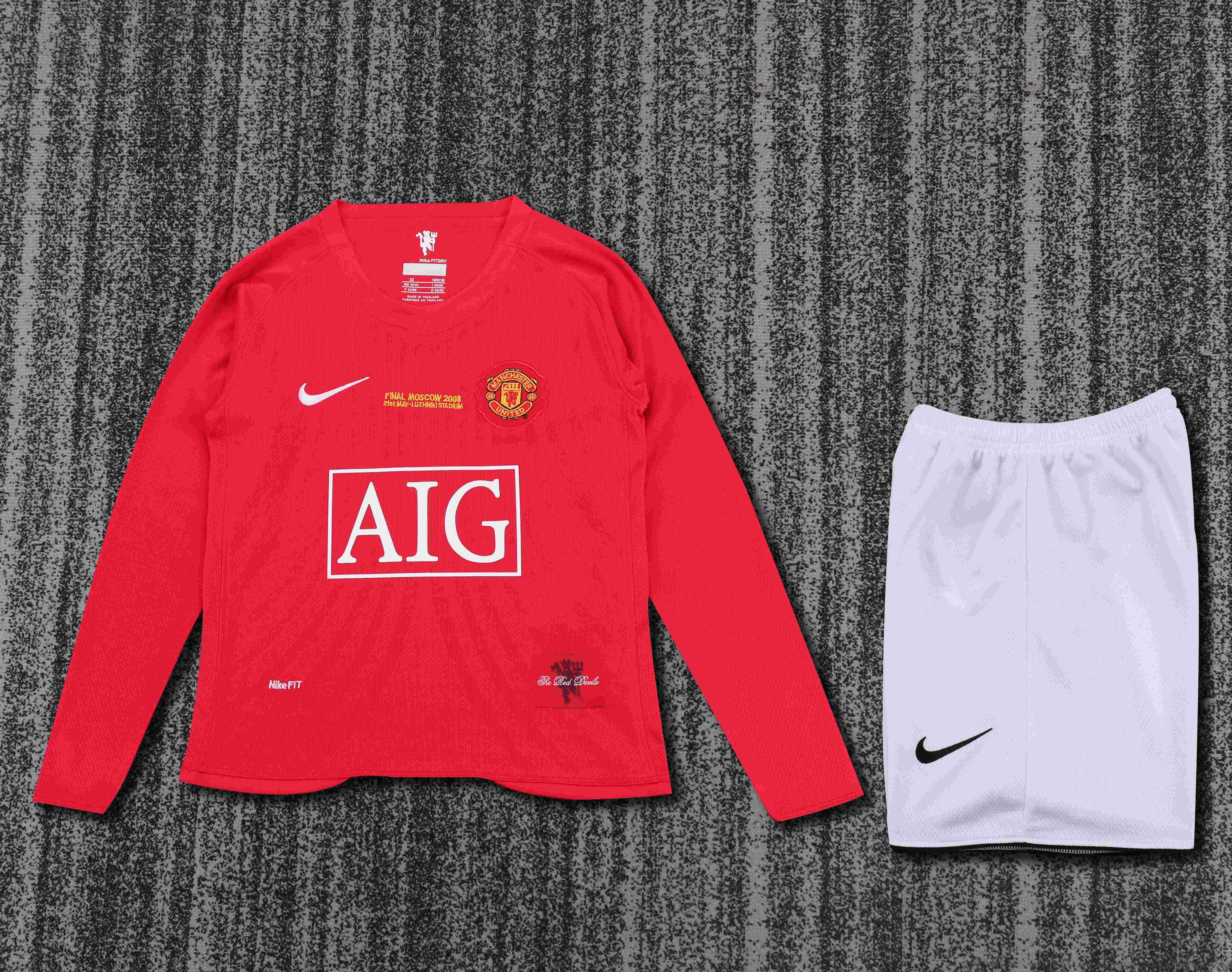 2007/2008 Retro Long Sleeve Manchester United Home Champions League Edition Football Shirt 1:1 Thai Quality Kids Size