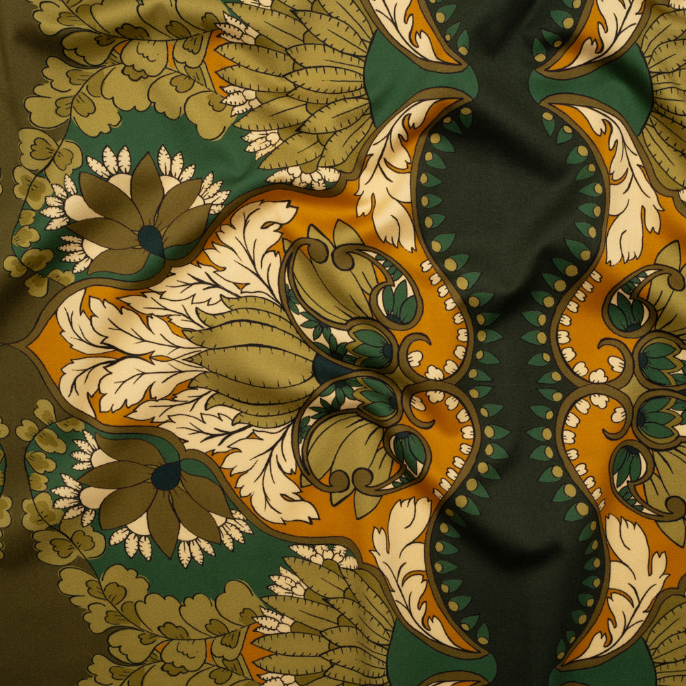 Stretch Cotton Sateen - Olive Green, Teal and Mango Orange Wavy Floral Stripes - Nymph’s Harvest Print - Mood Exclusive Acadia Collection - Joann Fabrics