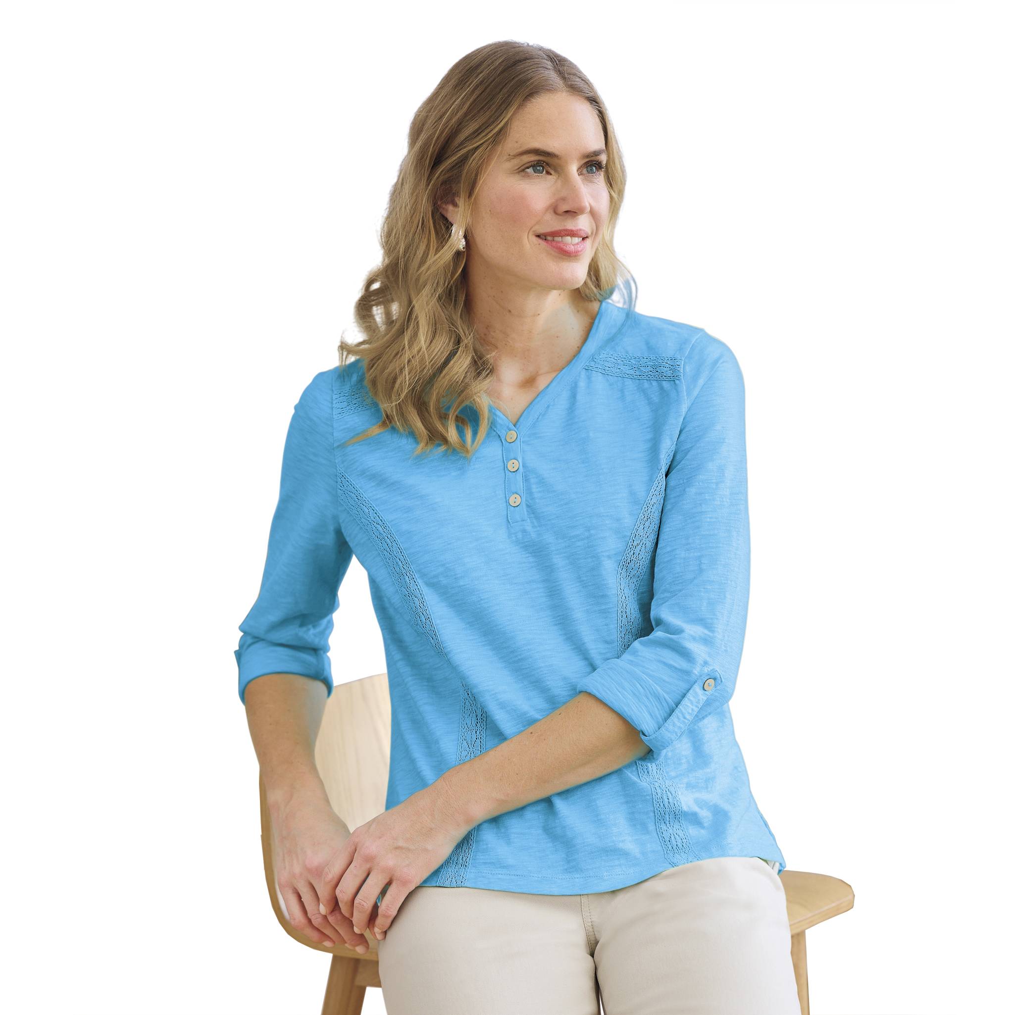 Lace-Trim Garment-Dyed Cotton Henley, Long Roll-Tab Sleeves - Northstyle Catalog