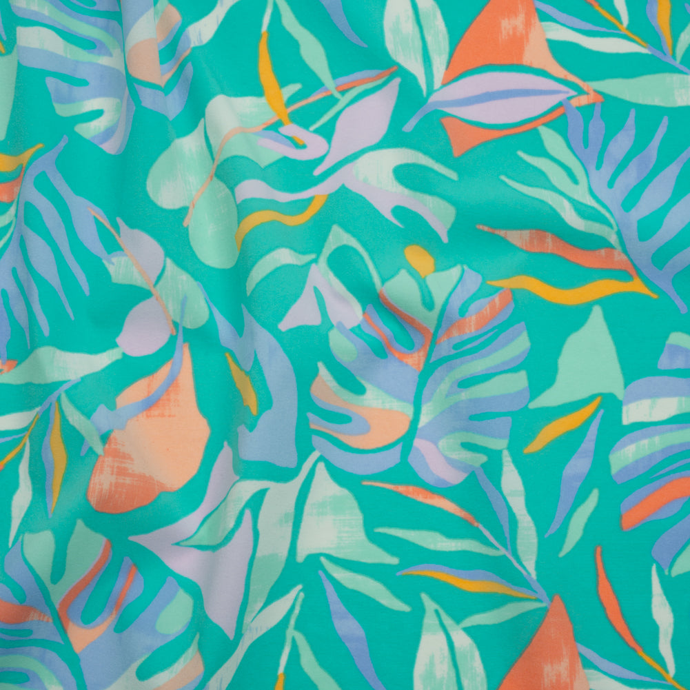 Stretch Nylon Crepe Print - Bright Teal, Periwinkle and Orange Tropical Leaves - Deadstock - Joann Fabrics