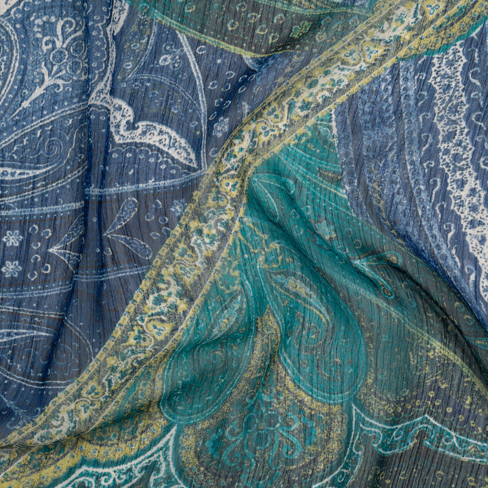 Crinkled Polyester Chiffon Print - Dark Blue, Teal and Olive Ornate Paisley Patchwork - Designer Deadstock - Joann Fabrics