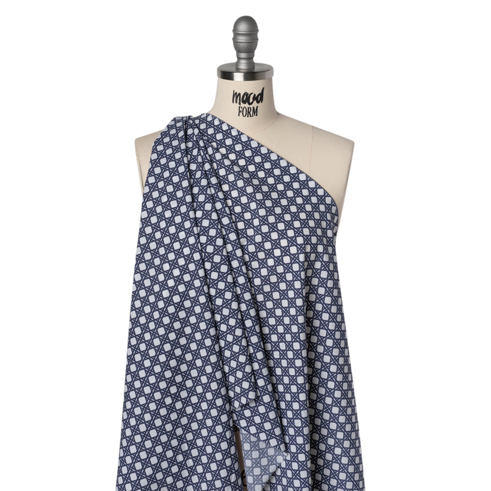Cotton and Rayon Woven Shirting Print - Navy Blue and White Wicker Basket Lattice - Deadstock - Joann Fabrics