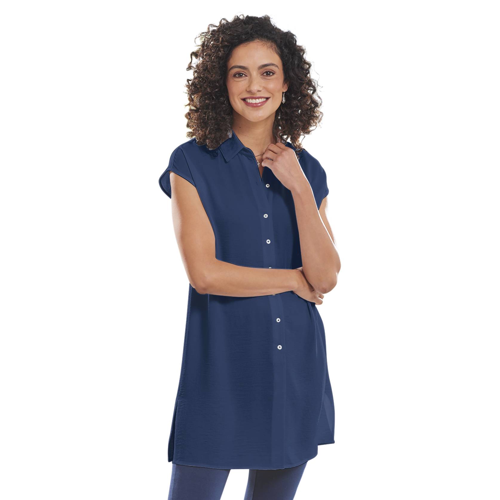 Airy Crinkle Textured Sleeveless Tunic, Button Front, Side Slits - Northstyle Catalog