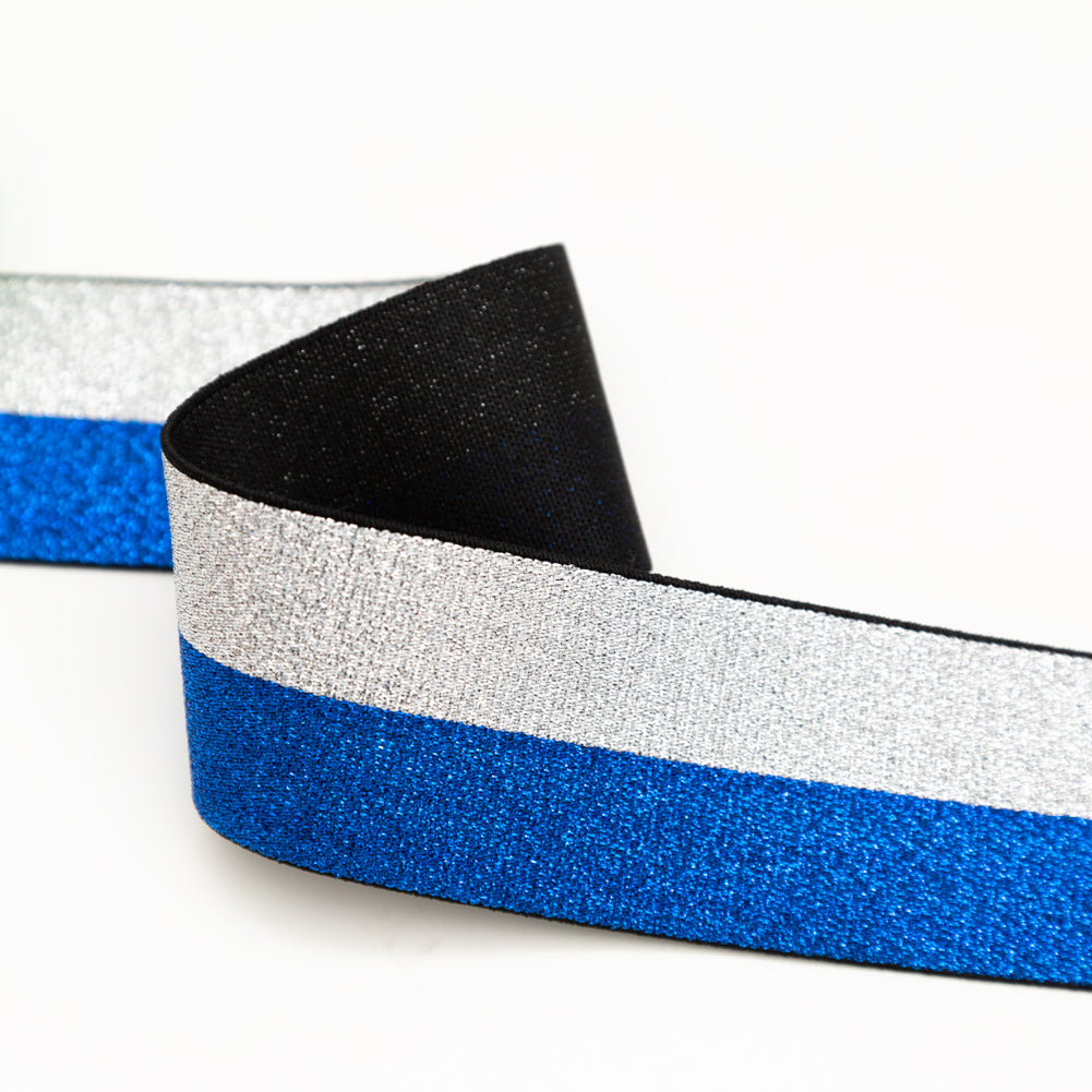 Italian Metallic Blue and Silver Striped Elastic Ribbon - 1.625