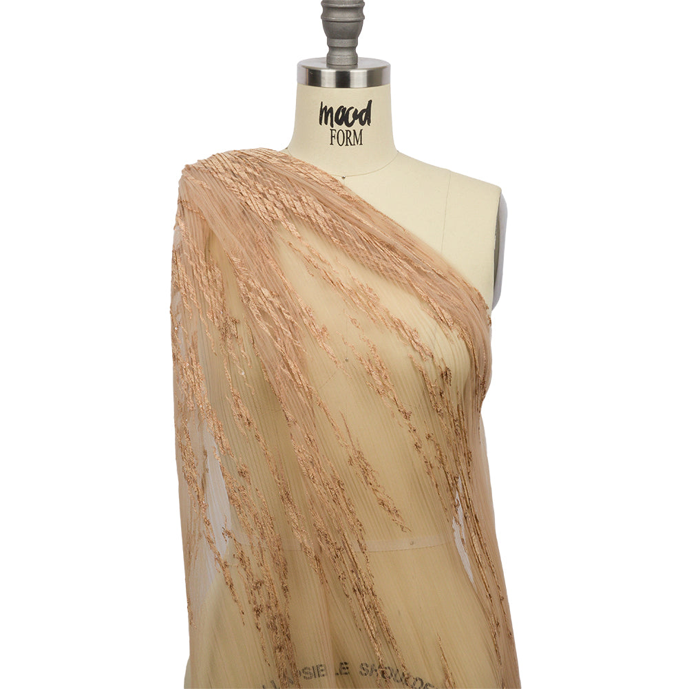 Embroidered Soft Pleated Tulle with Clear Baby Sequins - Caramel Abstract - Linden Collection - Joann Fabrics
