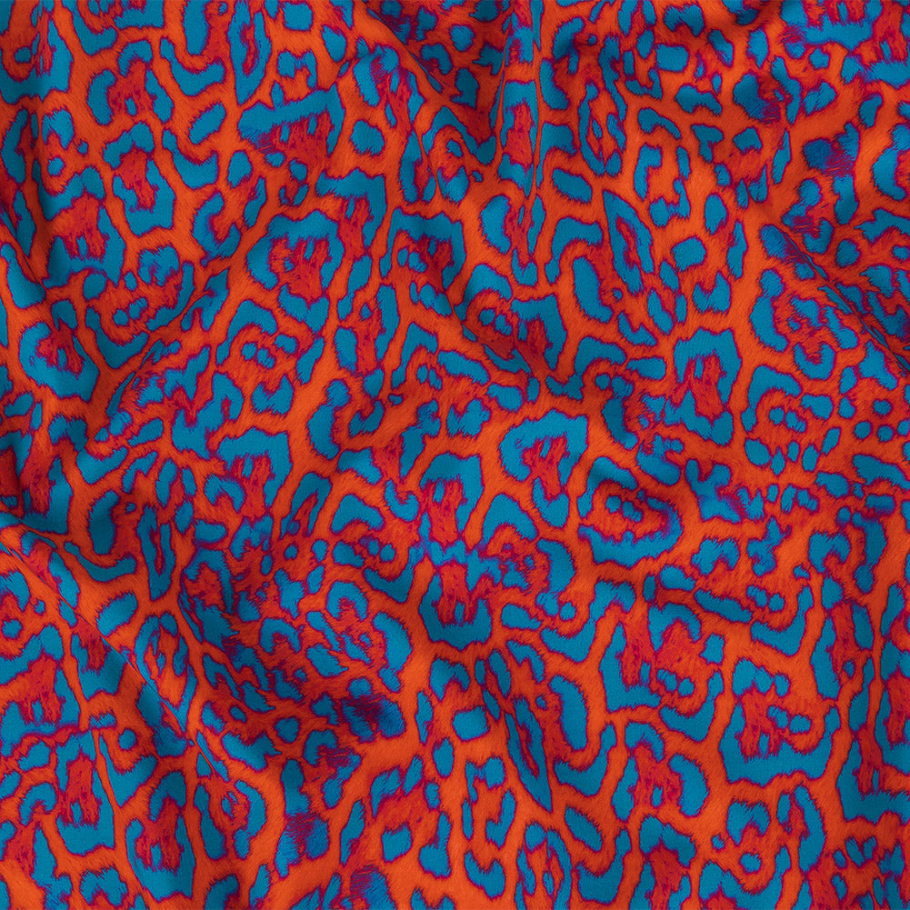 Compression Swimwear Tricot, UV Protective with Aloe Vera Microcapsules - Fjord Blue and Red Orange Leopard Spots - Caye Collection - Joann Fabrics