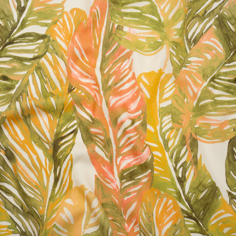 Linen and Rayon Woven - Green and Peach Tropical Leaves - Mood Exclusive Monsterosa Print - Joann Fabrics