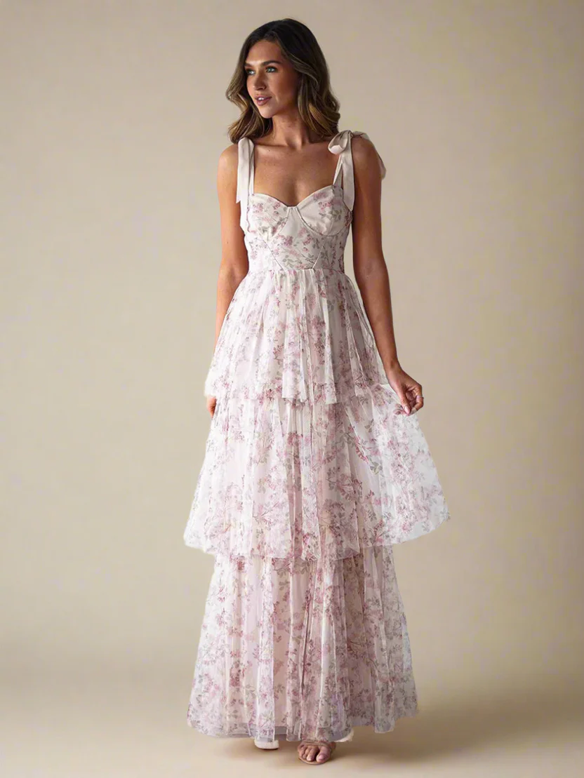 Rosalie Rose Garden Tiered Floral Tulle Maxi Dress