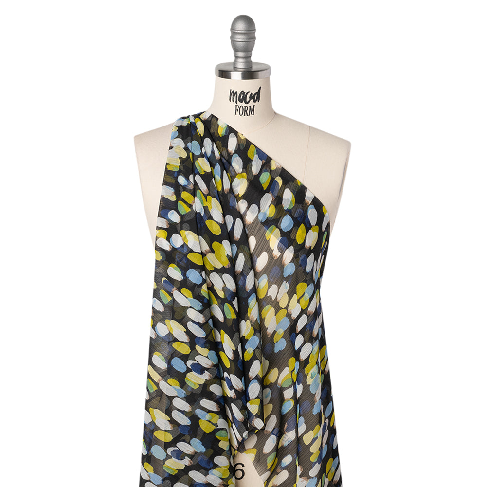 Crinkled Polyester Chiffon Print - Black, Blue and Yellow Abstract Spots - Designer Deadstock - Joann Fabrics
