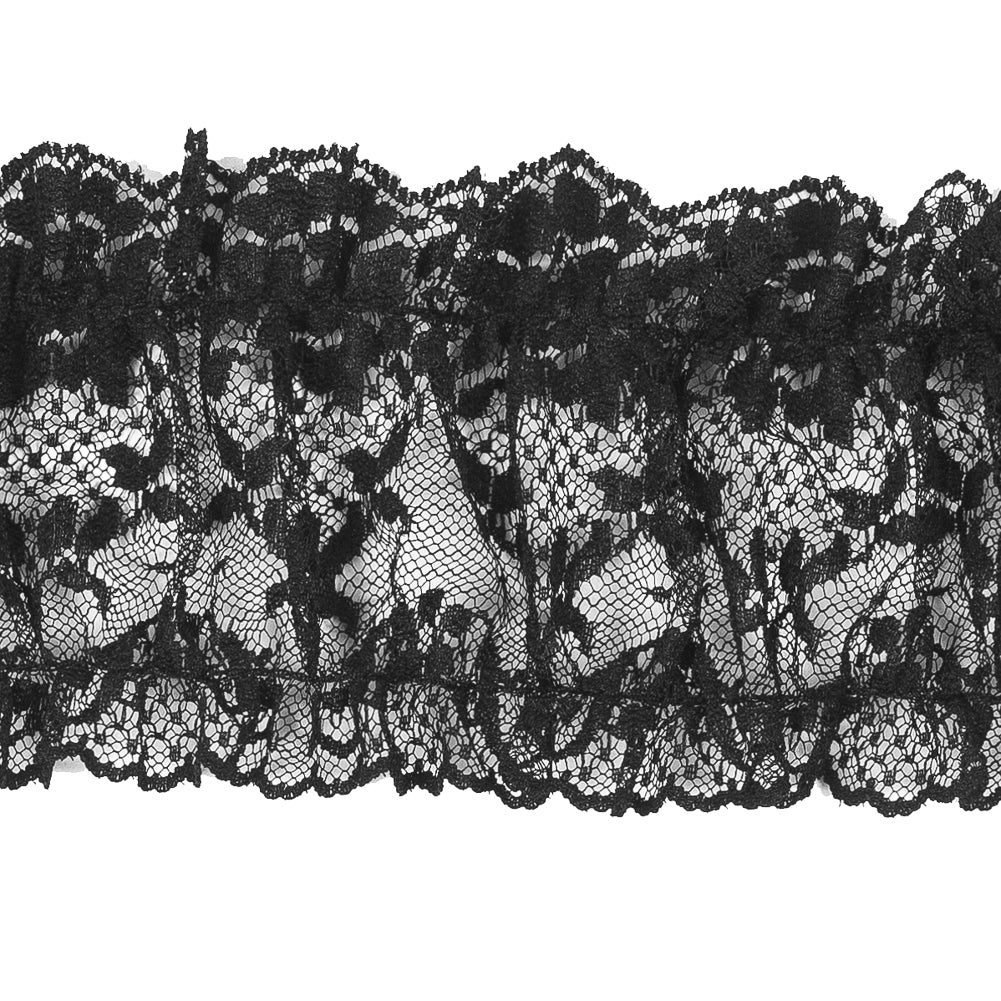 Black Ruched Floral Lace Trim - 3