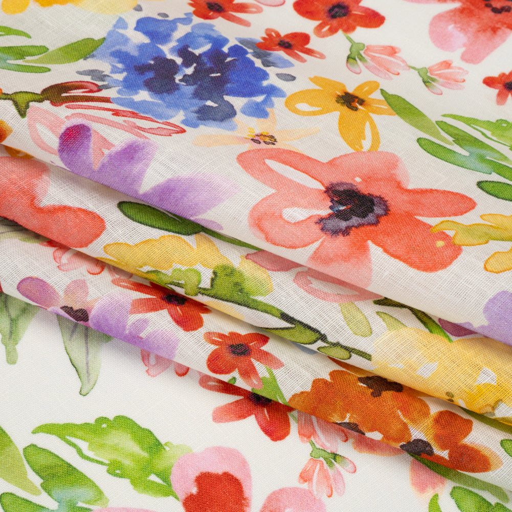 Lightweight Linen Woven - Purple, Yellow and Green Petal Drift Florals on White - Joann Fabrics
