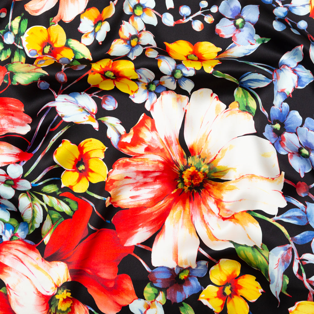 Mood Exclusive Italian Black Silk Charmeuse with Central Digitally Printed Florals - Joann Fabrics