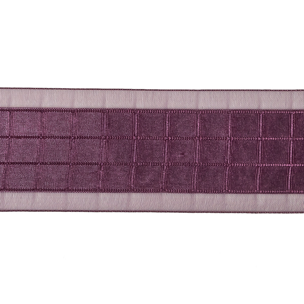 Plum Windowpane Checks and Sheer Borders Woven Ribbon - 1.5
