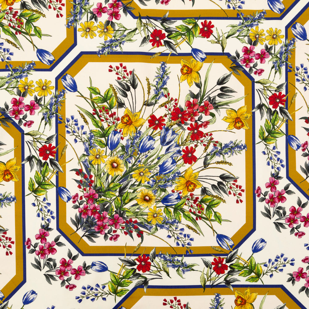 Stretch Cotton Sateen - White and Gold Framed Florals - Parfumerie Gardens Print - Mood Exclusive St. Tropez Collection - Joann Fabrics