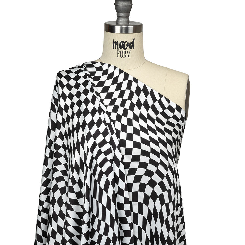 Rayon Challis - Black and White Warped Checks - Down the Rabbit Hole Print - Mood Exclusive Indigo Collection - Joann Fabrics