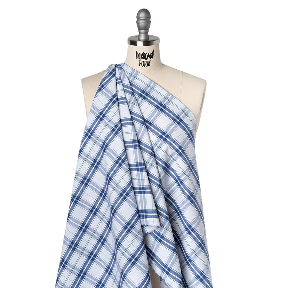 Cotton Oxford Shirting - Classic Blue, White and Leaf Green Plaid - Deadstock - Joann Fabrics