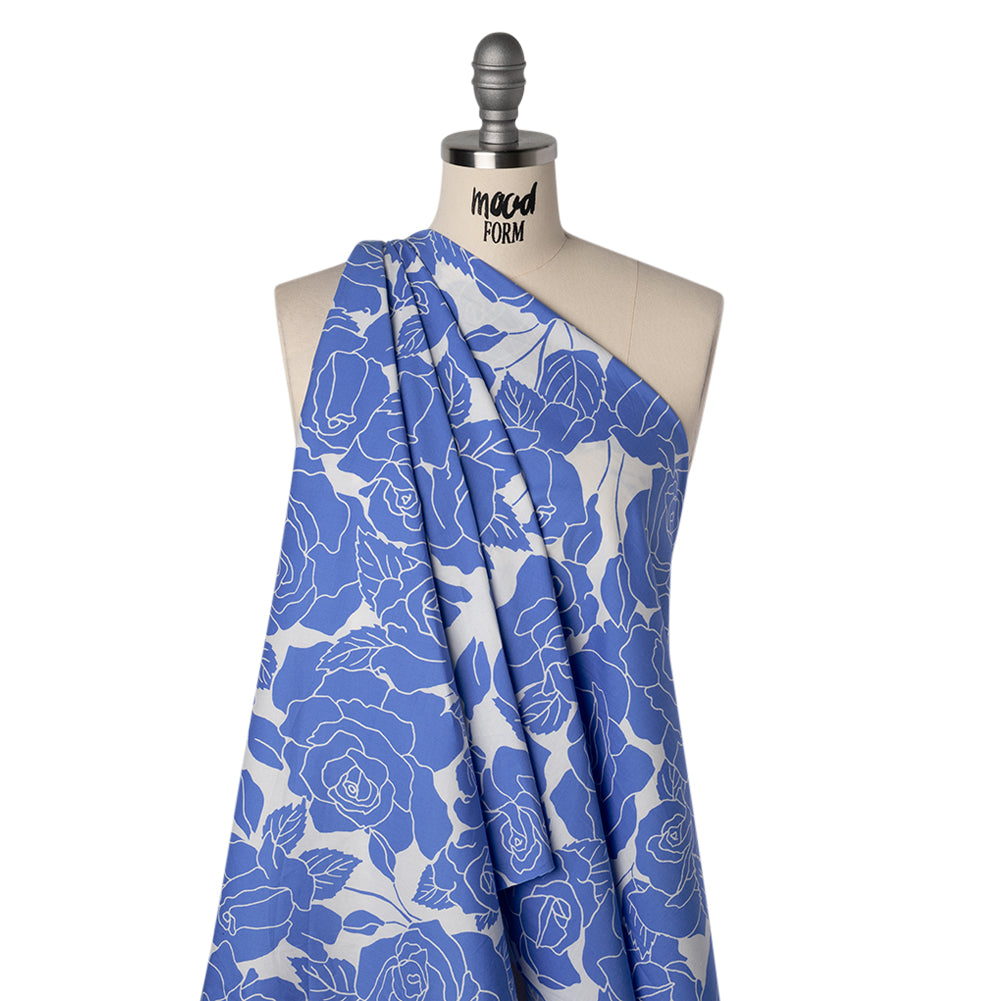 Stretch Cotton Shirting Print - French Blue and White Roses - Designer Deadstock - Joann Fabrics
