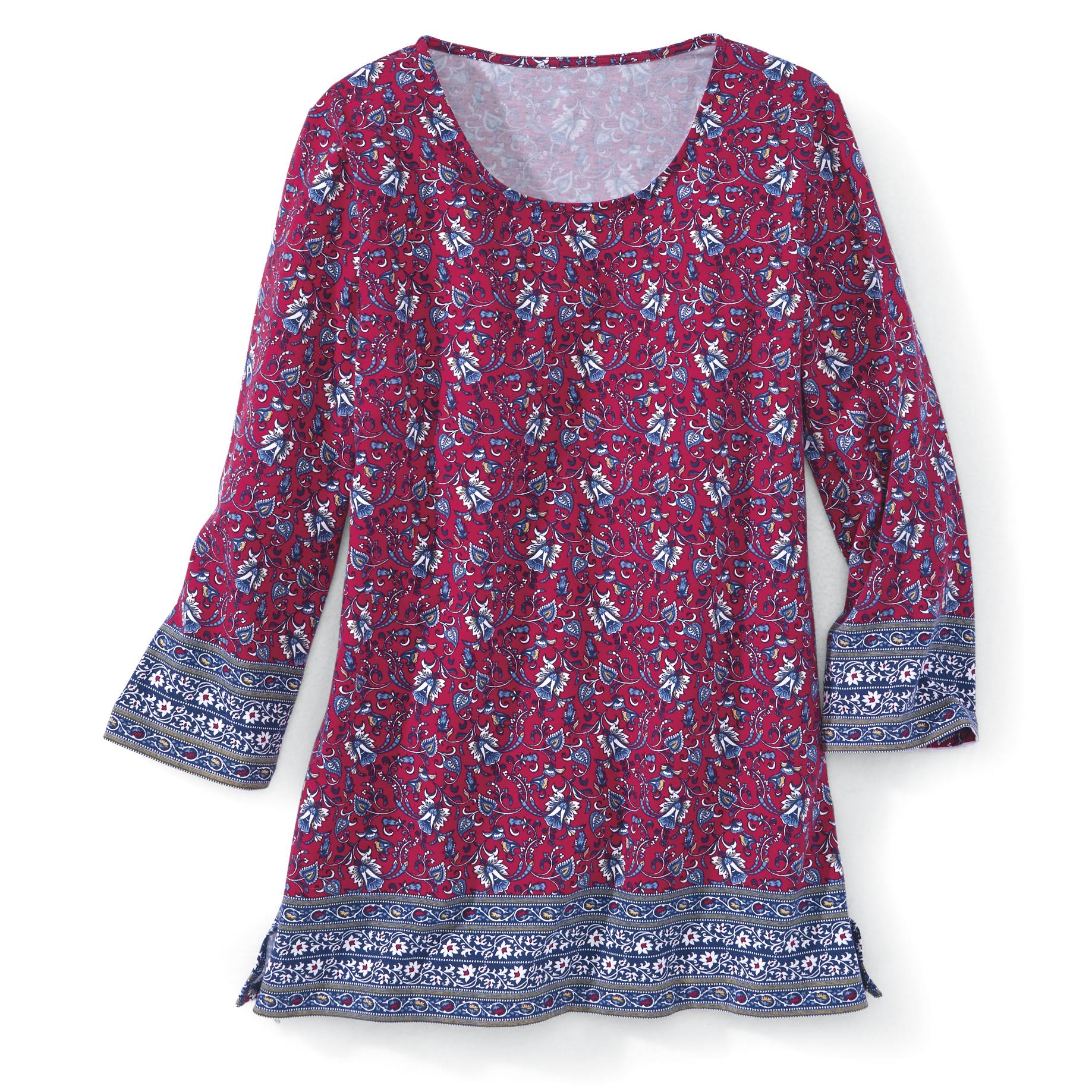 Swirling Floral Border-Print Top, 3/4 Sleeves, Side Slits - Northstyle Catalog