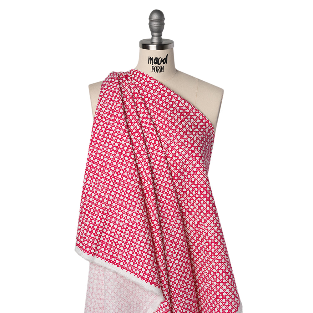 Textured Stretch Cotton Basketweave Panel by Trina Turk - Hot Pink and White Circle Grid and Printed Fringe Border - Designer Deadstock - Joann Fabrics