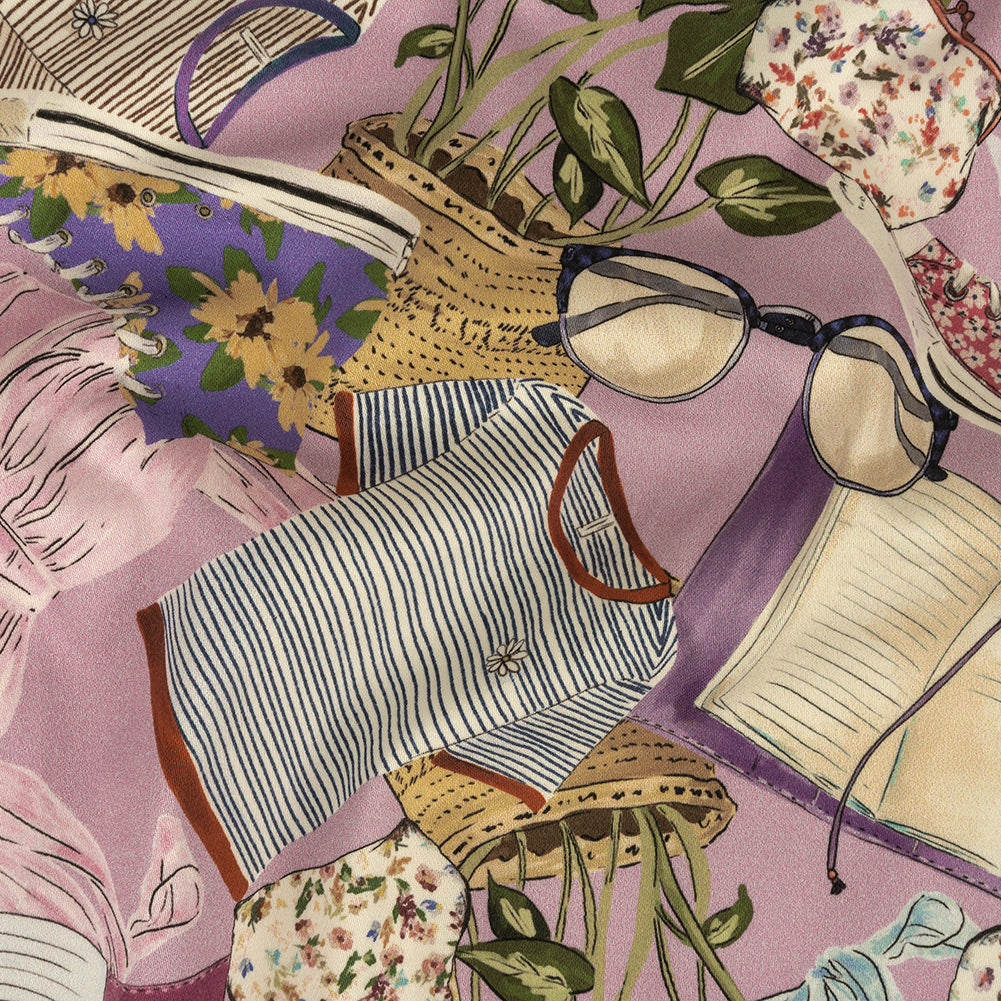 Stretch Cotton Sateen - Lavender Clothes and Plants - Morning Memory Print - Mood Exclusive Wisteria Collection - Joann Fabrics