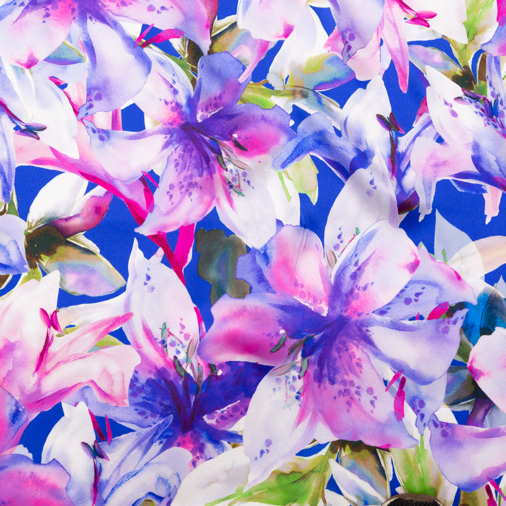 Mood Exclusive Italian Deep Blue and Red Violet Watercolor Floral Digitally Printed Silk Charmeuse - Joann Fabrics