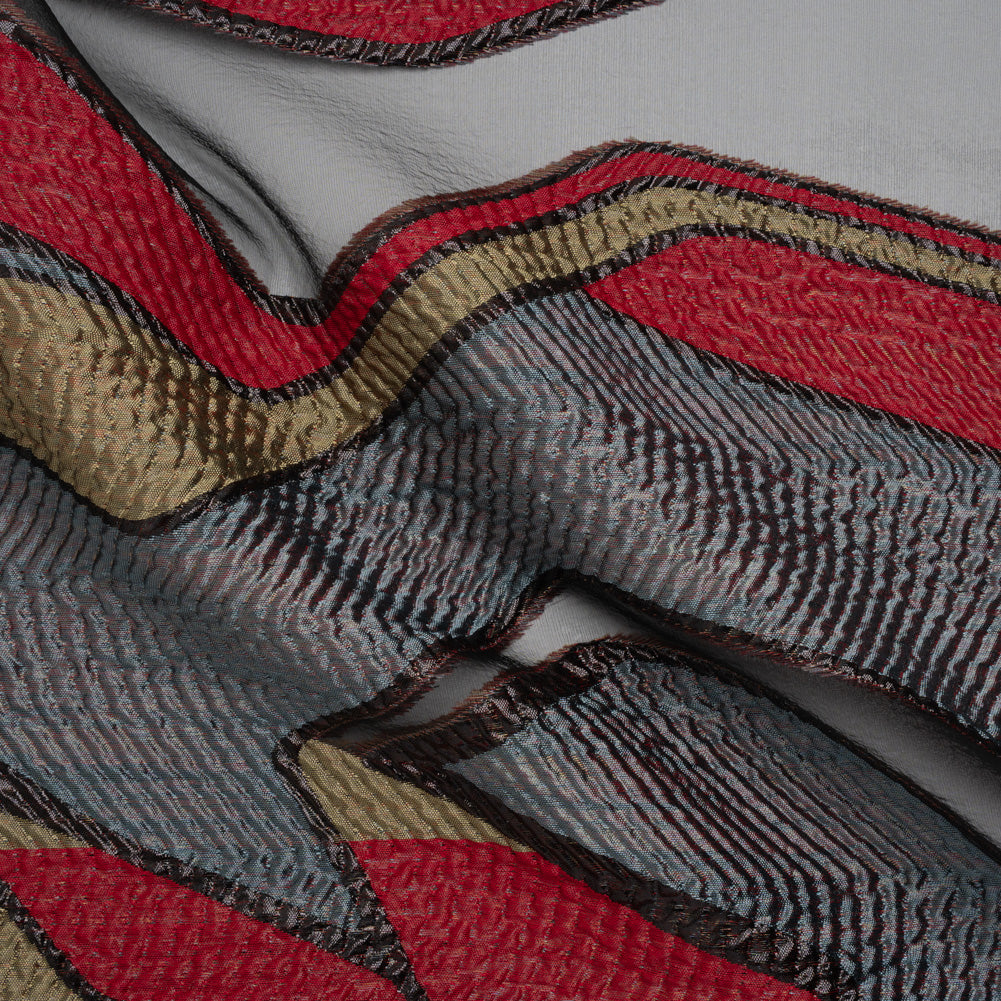 Metallic Rayon and Polyester Burnout Brocade - Tan, Red and Dusty Blue Soft Geometric Abstract - Joann Fabrics