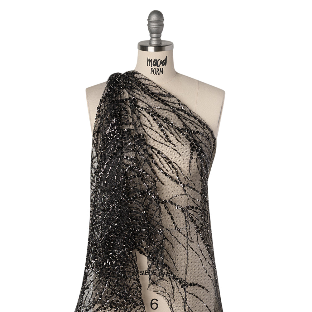 Embroidered Lace Netting with Sequins - Black and Silver Water Plants on Lattice - Joann Fabrics