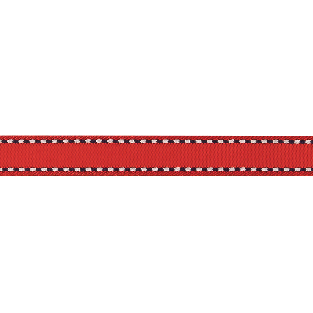 Red Woven Ribbon with Navy and White Stitched Border - 0.375