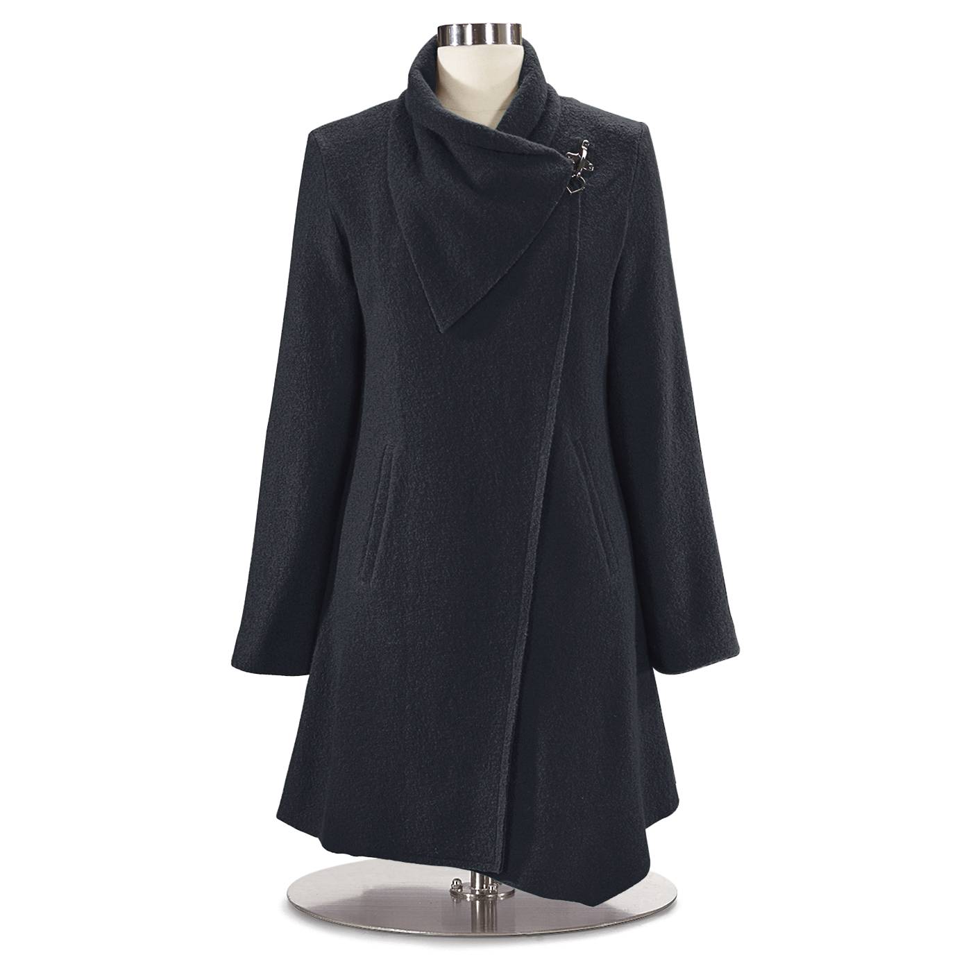 Lightweight Boiled Wool Crossover Coat, Wrap Front, Decorative Clip - Northstyle Catalog