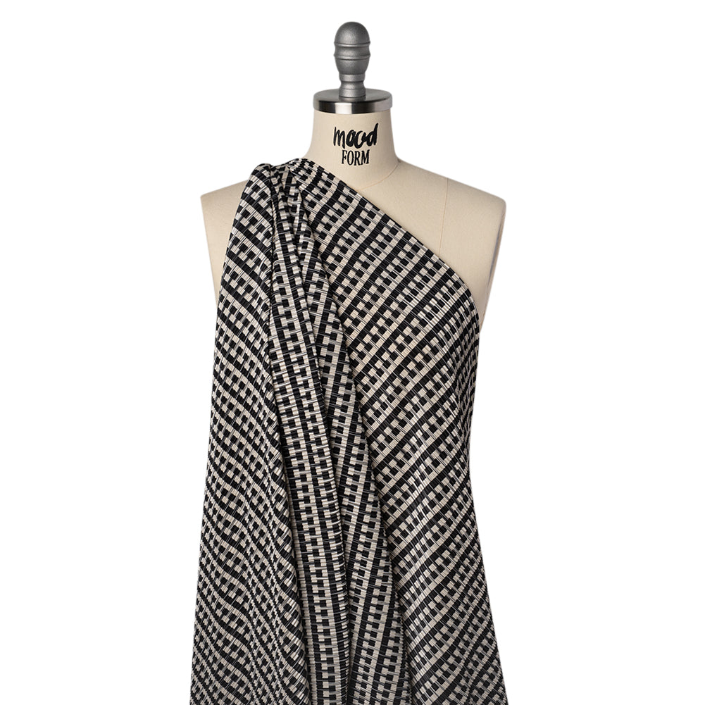 Fine Pleated Polyester Satin - Black and Cream Geometric Stripes - Designer Deadstock - Joann Fabrics