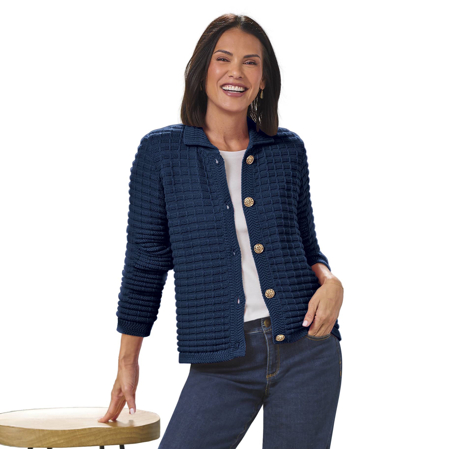 Collared Textured-Stitch Cardigan, Metal Button Front - Northstyle Catalog